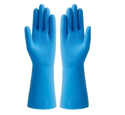 Entriegelt, den Naturlatex-Handschuh-Haushalt zeichnend, der blauen Latex-Handschuh verdickt