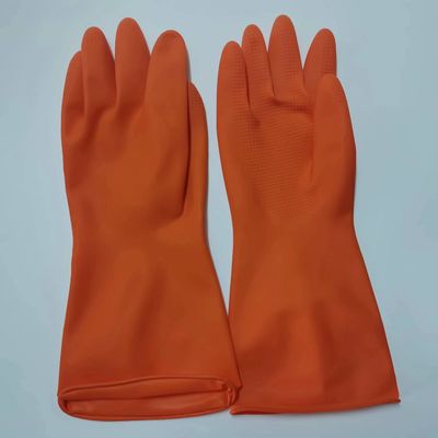 Dicke 0,345 bis 0,55 Millimeter Latex-Haushaltshandschuh in gelben rot-orange Farben mit OEM-Anpassungsmöglichkeiten