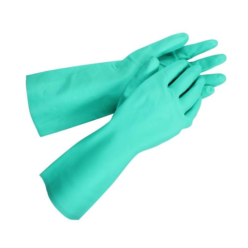 Ambidextröser Nitrilhandschuh aus grünem Farbstoff, entworfen, um Arbeitsbedingungen zu widerstehen, die Sicherheit und Flexibilität bieten