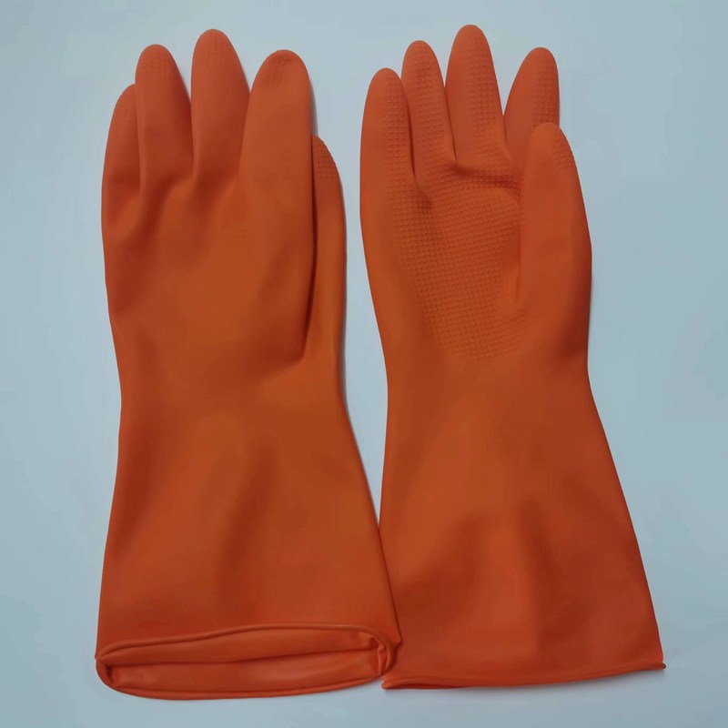 Dicke 0,345 bis 0,55 Millimeter Latex-Haushaltshandschuh in gelben rot-orange Farben mit OEM-Anpassungsmöglichkeiten