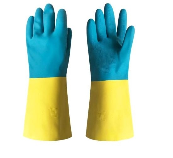 Blaues gelbes Neopren-zweifarbige industrieller Handschuh-industrielle Gebrauchs-Chemikalie beständig